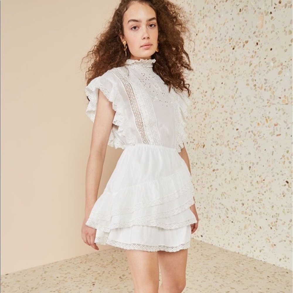Ulla Johnson Mini Dress White Lace Ruffle Eyelet Dress US 0 - Picture 1 of 12